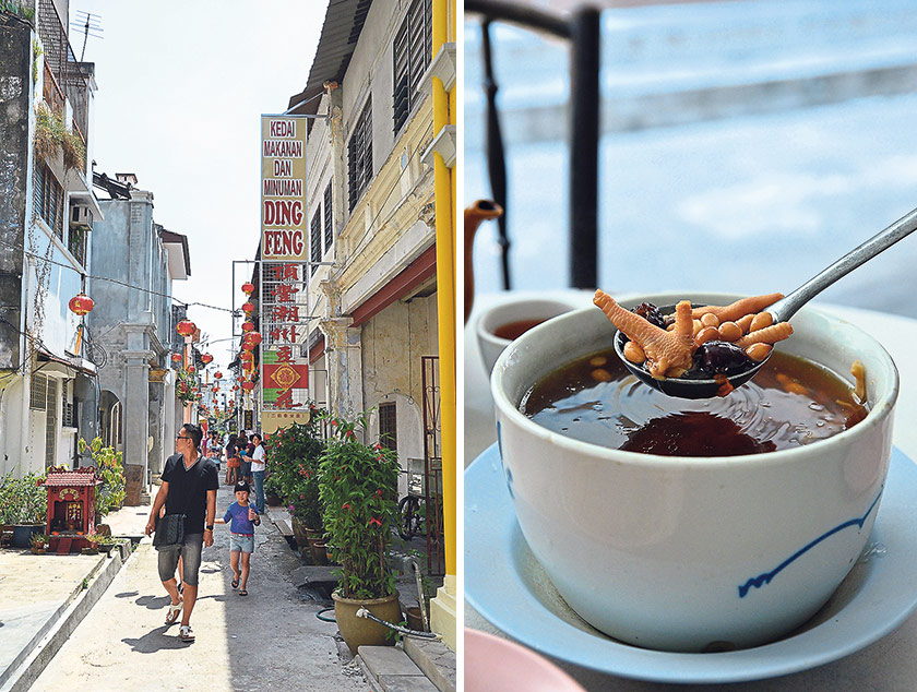Concubine Lane (Lorong Panglima in Ipoh) has been undergoing refurbishment works; with novelty gift shops dotting the row (left). Despite the scorching weather, a bowl of comforting groundnut and chicken feet soup may just be what one needs (right)