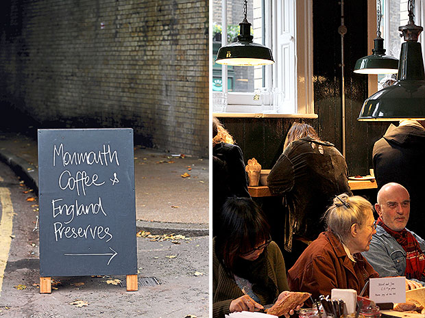 Follow the signboard to Monmouth Coffee, one of the oldest cafés in London (left). Monmouth Coffee is always packed with regulars in wait for their caffeine kick (right).