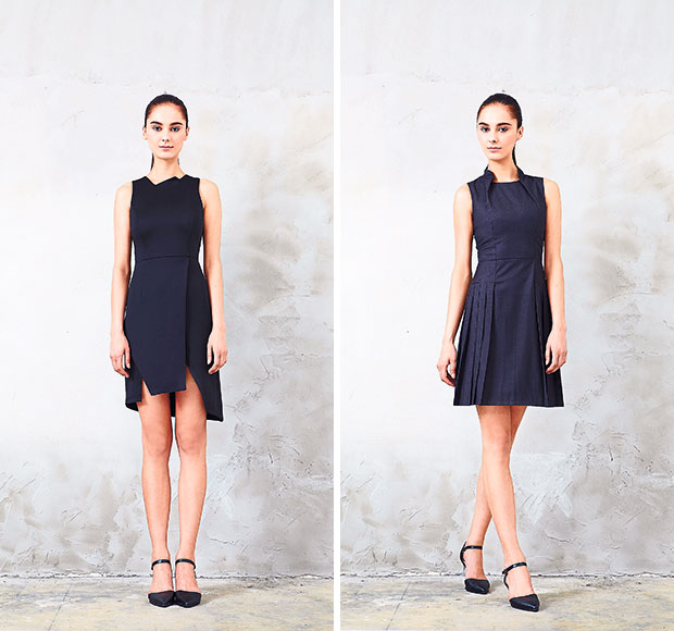 The Achille dress from Sher by Twenty3 features a razor-cut neckline and hemline (left). The Malvina dress from the Razor collection projects strength through its stand collar and femininity in the soft pleats (right). — Pictures courtesy of Twenty3