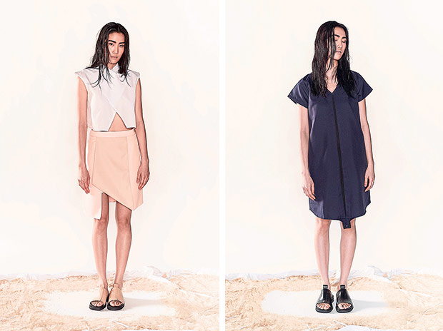 The collared crop top and peach asymmetrical short skirt is a piece from the Justin Chew x KOZO collaboration (left). This Justin Chew x KOZO V-neck dress in dual colour has a pleated front and creates a flattering silhouette (right).