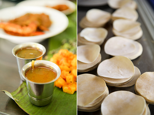 Peppery crab rasam is a weekend special (left). Lining up the pappadums for frying (right).