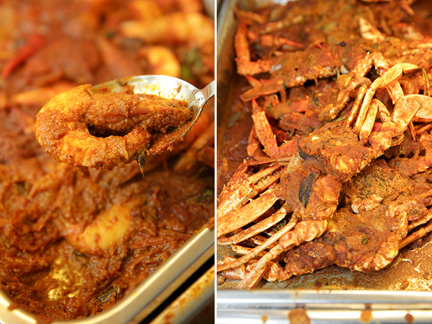 Enjoy these large prawns cooked in a thick flavourful curry (left). Relish these sweet tasting sea crabs cooked in a thick curry (right).