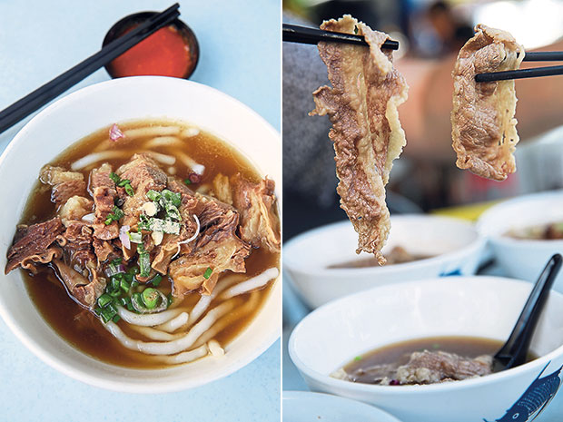 Beef brisket noodles served with lai fun and soup (left). Happy slices Australian Wagyu (left) and US striploin (right)