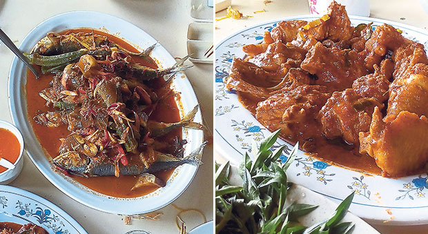 Kembung fish is cooked assam pedas style, with torch ginger flower that grows by the pond (left). The rendang chicken is another top recommendation, an aromatic curry with a generous amount of kaffir lime leaves (right).