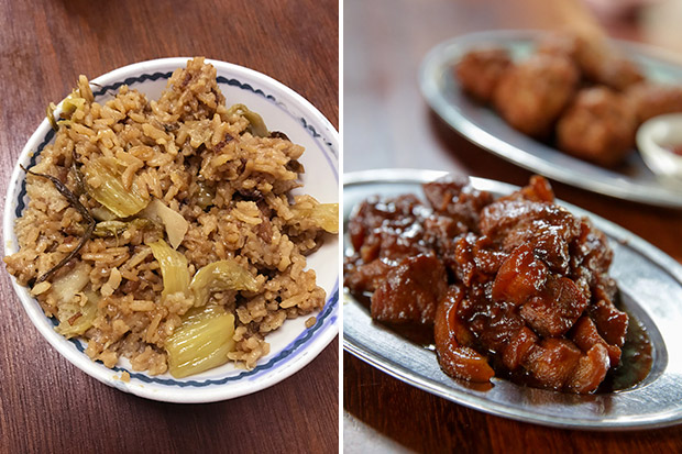 For smaller groups, try the delicious kai choy fan or rice cooked with mustard greens (left). The braised pork is tender and delicious eaten with the alkaline rice cake (right).