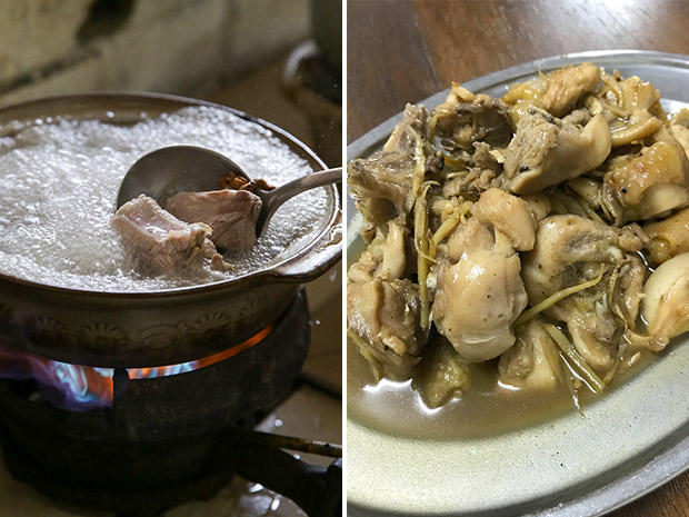 The porridge is cooked with pork ribs, dried scallops and oysters only upon order (left). The ginger chicken is made with homemade rice wine and fresh ginger slices (right).