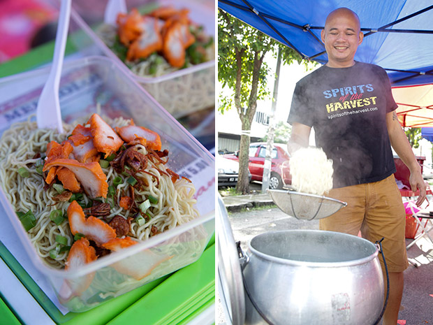 If you are hungry, order kolo mee topped with chicken coloured to resemble char siew slices (left). Look for Raul Fareira's stall, Mee Kolok Aroma that serves freshly cooked kolo mee (right).
