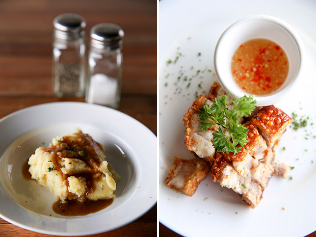 Mash Potatoes is incredibly comforting with tender chunks of potatoes (left). Crispy Roast Pork that ticks all the right boxes with its crispy skin and tender meat is served with a homemade garlic chilli sauce (right).