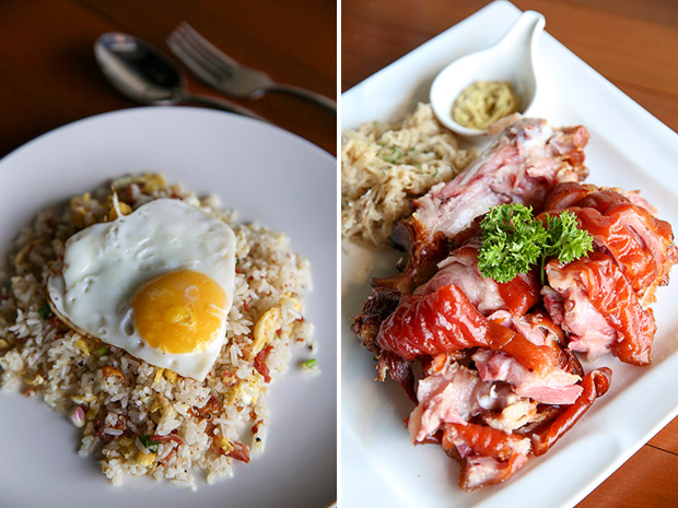 A crowd favourite is the simple but delicious Bacon Fried Rice (left). Smoked Pork Knuckle is tender with a slight, smoky taste and is served with sauerkraut and mustard (right).