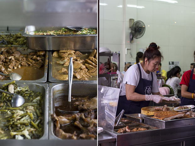 Vats of kway chap ingredients such as various pork offal braised in a dark sauce (left). Slicing up some braised pork trotters (right)