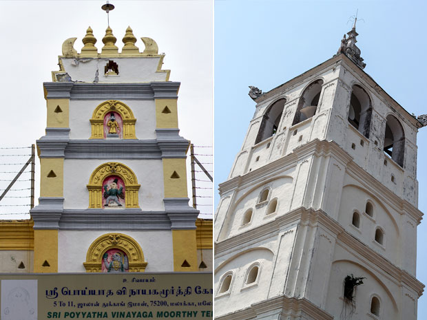 The gate-pyramid or gopura of the Sri Poyatha Moorthi Temple (left). The white pagoda-like minaret of the Kampung Kling Mosque (right)