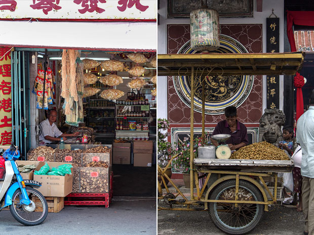 A traditional Chinese medicine shop selling dried mushrooms and fish maw (left). A kacang putih vendor plies his trade (right)