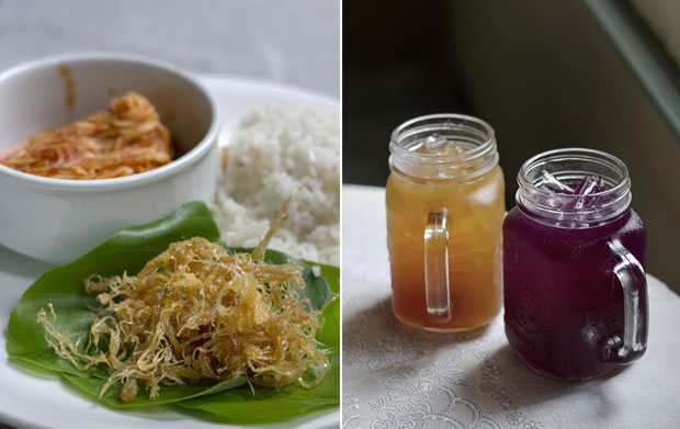 Khao man somtum, a sweet-spicy papaya salad with rice cooked in coconut milk (left). Homemade nam matoom (dried bael juice) and nam dok an shan (lemon butterfly pea flower tea) (right)