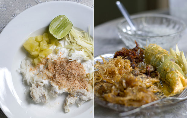 Khanom jeen sao naam, rice vermicelli in coconut cream, served with pineapple and young ginger (left). A variety of condiments are served with your khao chae (right)