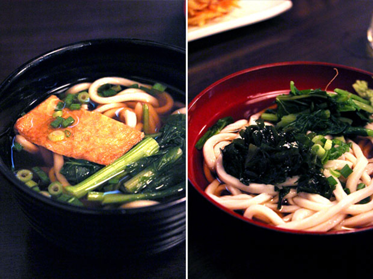 Hot soup udon with kitsune (deep-fried sweet tofu pouch) (left). Cold wakame (seaweed) udon (right)