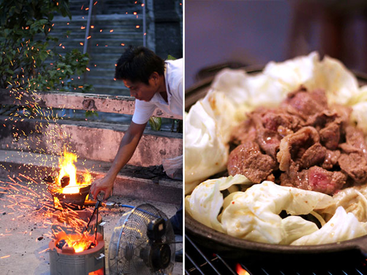 Preparing charcoal for the yakiniku barbecue (left). Jingisukan or Genghis Khan lamb stews (right)