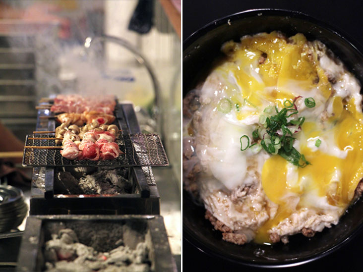 Skewers of meat being carefully grilled (left). Maruhi Don: minced meat and egg over rice (right)