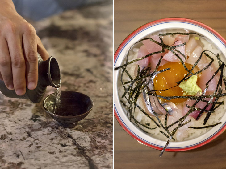 Pouring hot sake into a cup at Nikai (left). Kaisen donburi, a bowl of vinegared rice topped with fresh seafood (right)