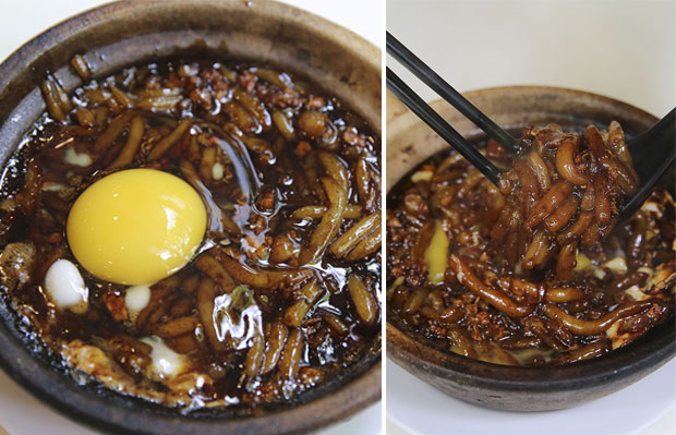 Their claypot loh shee fun has been their bestseller since they introduced it (left). Mix the raw egg with the piping hot rice noodles and enjoy it with minced meat and salted fish (right)