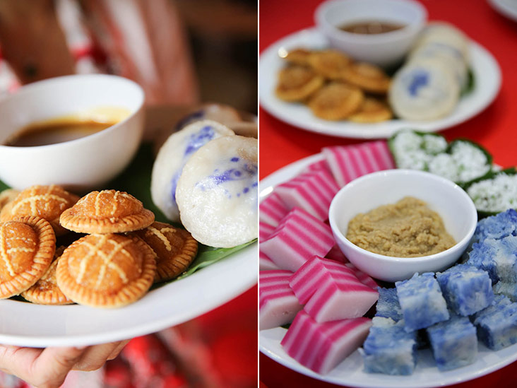 Desserts like kuih tair or pineapple tarts and apom berkuah pisang rajah is served during the Tok Panjang (left). Even though the blue colour is forbidden for happy occasions, they make an exception for weddings with the pulut tekan as it is served with a golden, yellow kaya (right).