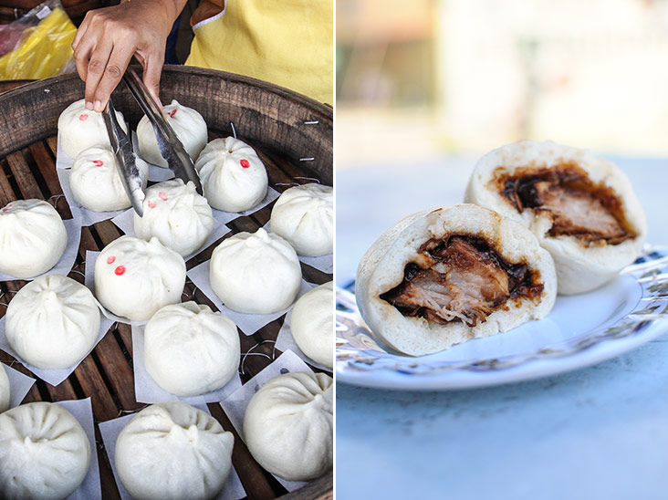 As each bun is handmade, each one has their own unique shape (left). The nam yu pork bun is unusual as it contains a thick piece of pork belly (right).