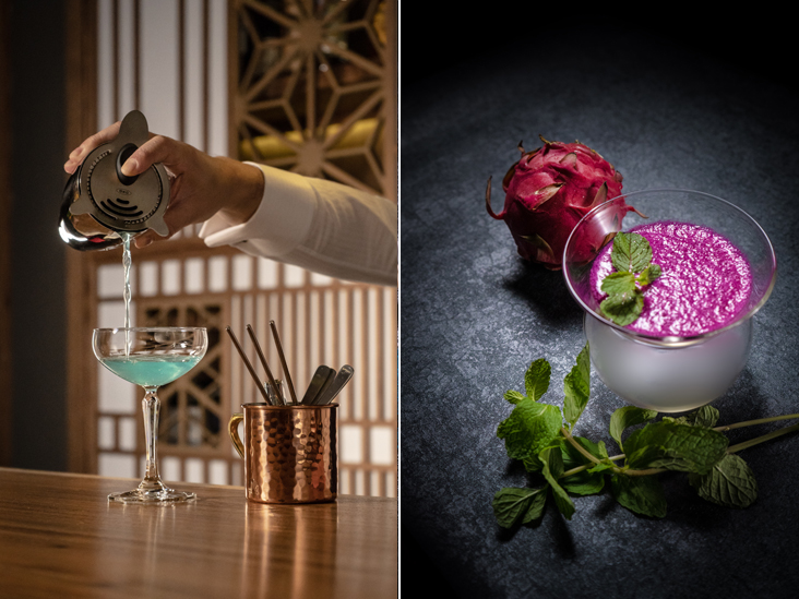 At Bar Shake, you can enjoy bespoke cocktails crafted by bar owner, Osamu Kinugawa or Sam (left). Fruits like the pink dragonfruit is used to make sake cocktails at Bar Shake (right)