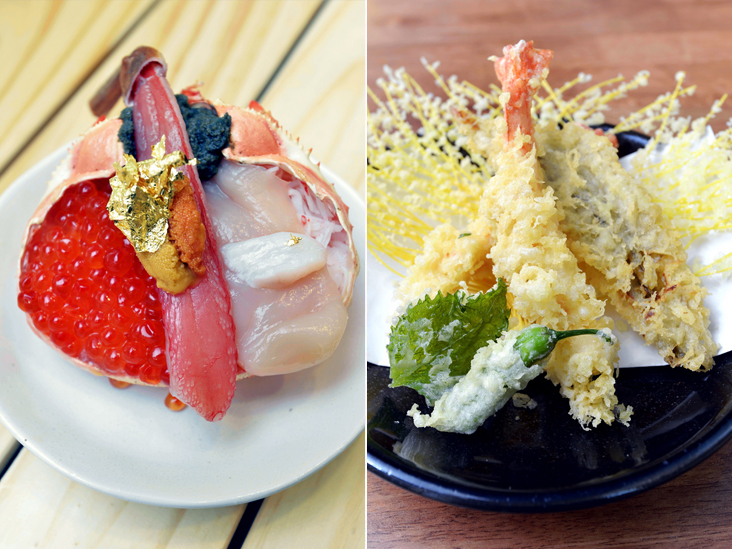 Ocean’s 8 is filled with eight different types of ingredients from the sea (left). You can also order tempura from the menu at Tsukiji No. 8 (right)