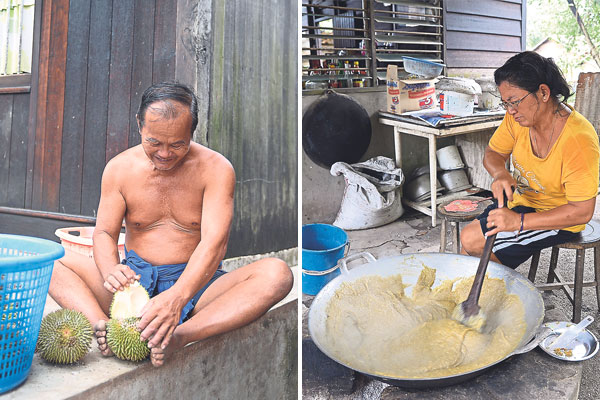 At the Lim Brothers Farm, you only need to say what type of durians you want, they will choose for you, open it up and serve it to you (left). The unsold durians don’t go to waste as the flesh is used to make the sticky sweet durian kuih, cooked over a simmering charcoal fire at the Lim Brothers Farm (right)