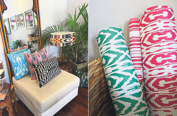 Cushion covers, lampshades and ikat frames are part of the Frankitas Home collection (left). Simple but striking, these gift wrappers are part of the brand’s home fashion line (right) 