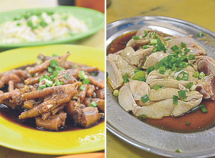 Braised chicken feet spiked with a dash of white pepper and garnished with chopped scallions (left). Kum Kee’s nga choy gai, an Ipoh must-have, is poached to tender perfection (right)