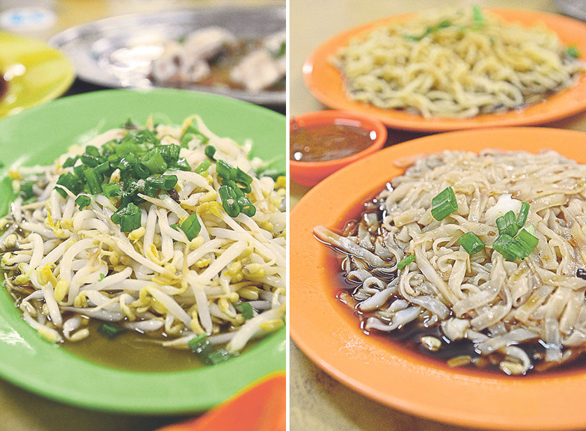 Juicy bean sprouts lightly blanched then tossed in a mix of soy sauce and sesame oil (left). You can’t go wrong with a serving of slippery-smooth plain sar hor fun (flat rice noodles) (right)