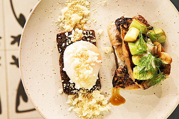 Try their Danish smorrebrod of grilled honeyed sea bass and burnt leeks on dark rye bread. It's also served with poached egg and a spinkle of feta cheese and toasted nuts