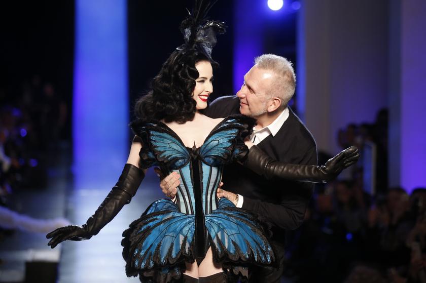 French designer Jean-Paul Gaultier (right) and burlesque star Dita Von Teese appear at the end of his Haute Couture Spring/Summer 2014 fashion show in Paris January 22, 2014. u00e2u20acu201d Reuters pic