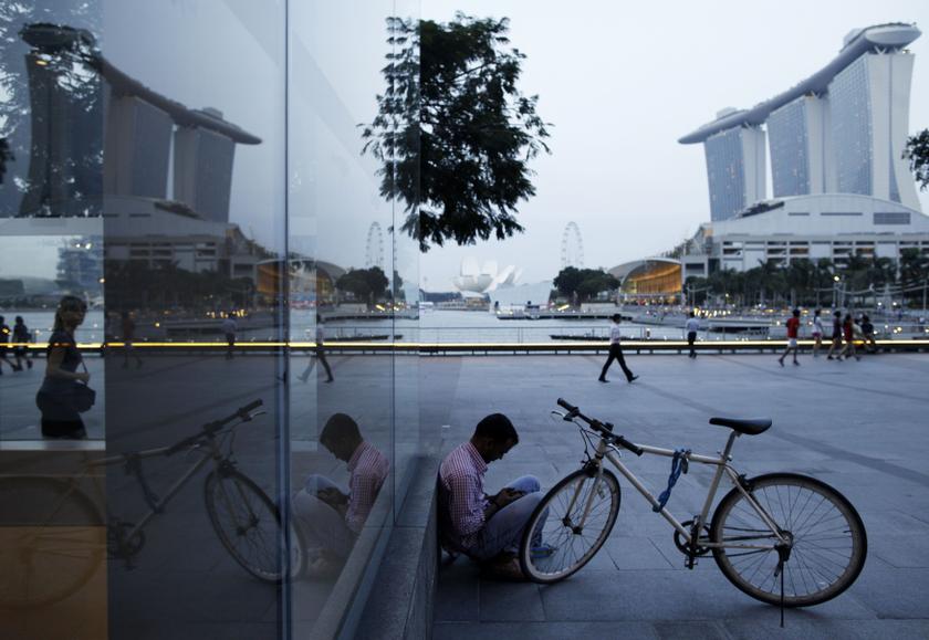 A migrant worker from India checks his mobile phone at the Marina Bay Promenade in the central business district of Singapore January 22, 2014. u00e2u20acu201d Reuters pic