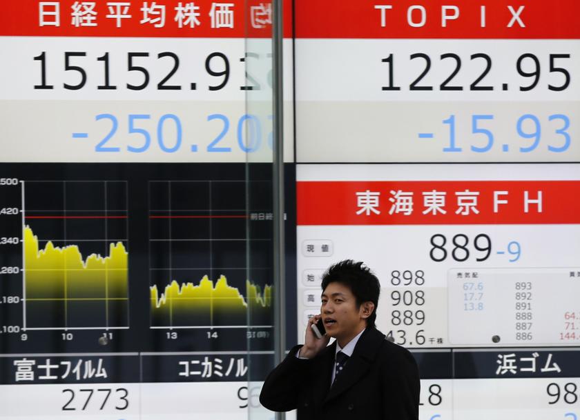 A man walks past in front of an electronic board displaying Japanu00e2u20acu2122s Nikkei average (top left) and stock price indices, outside a brokerage in Tokyo December 16, 2013. u00e2u20acu201d Reuters pic