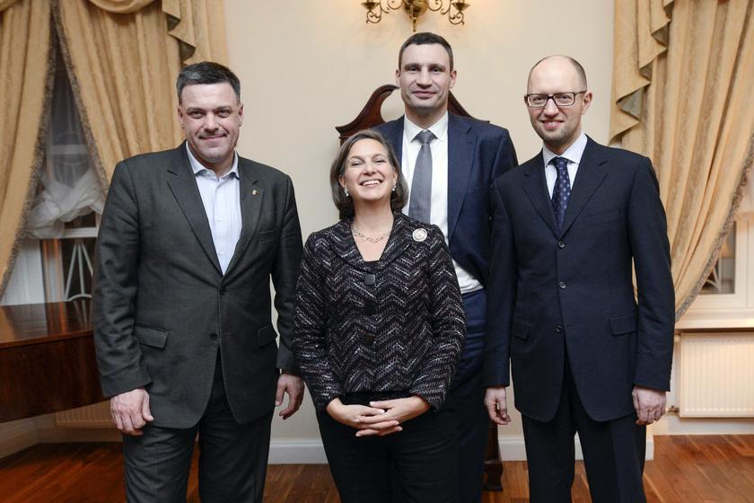 Ukrainian opposition leaders Oleh Tyahnybok (left), Vitaly Klitschko (second right) and Arseny Yatsenyuk (right) with US Assistant Secretary of State for European and Eurasian Affairs Victoria Nuland during a meeting in Kiev February 6, 2014. — Reuters
